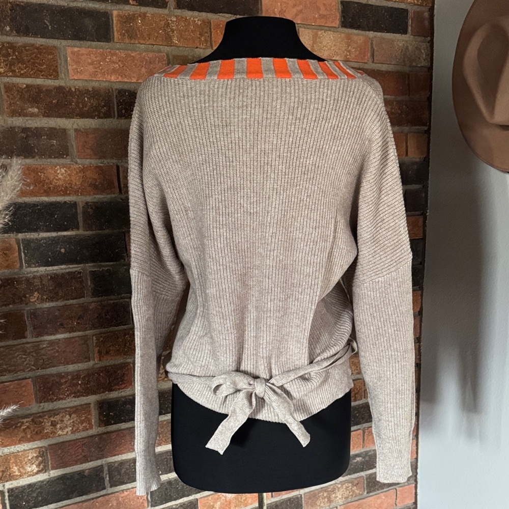 Women's Oatmel Sweater with Orange Neckline - Picture 2 of 4